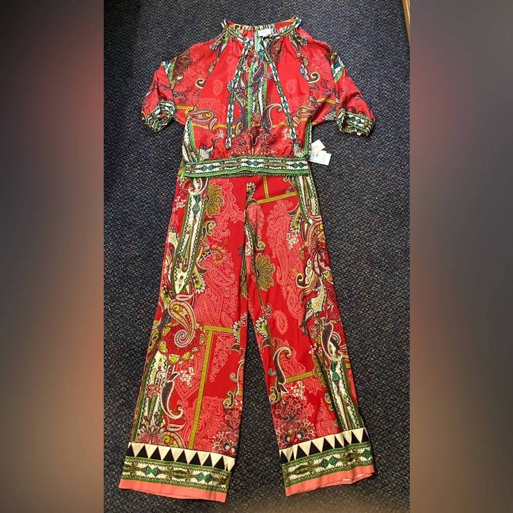Beige By ECI Red Paisley Print 2pc Retro Jumpsuit